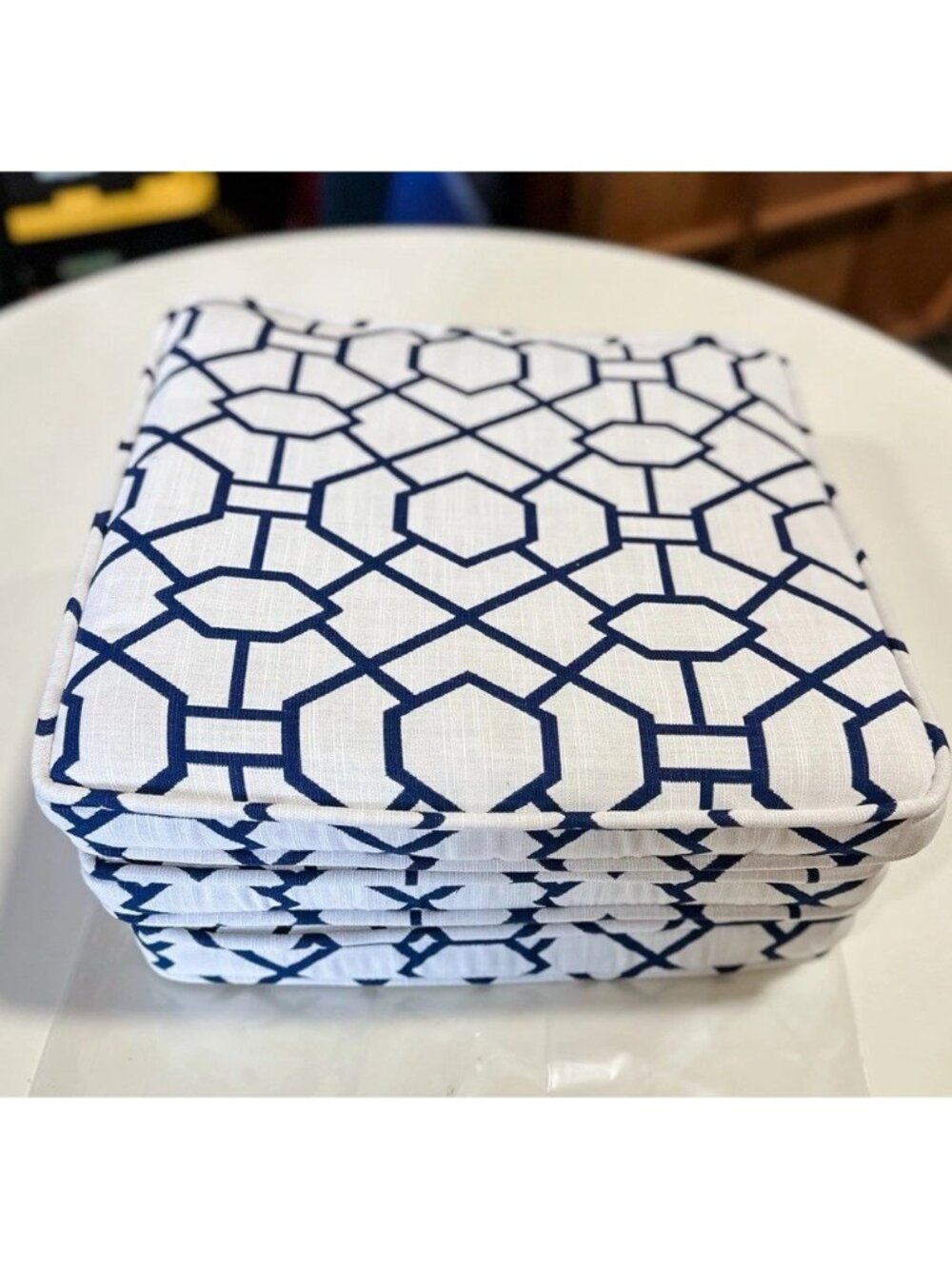 Serena & Lily Balboa Rattan Dining/Counter CUSHIONS (Set of 3)-Trellis Navy Blue